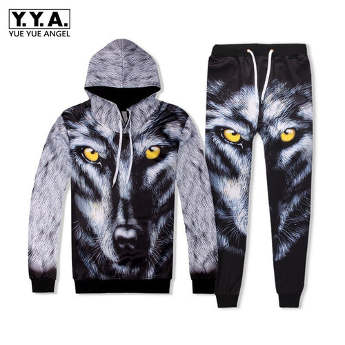 Fashion Men Hip Hop 3D Wolf Printed Hoody Sweatshirt Two Piece Set Jogging Tracksuit Ensemble Homme High Street Casual Cloth Set