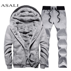 Men hooded Tracksuit Lined Thick Coat Sweatshirt + Pants New Sportswear Jogger Suit 2 Piece Set Brand Male Winter Sets Clothing