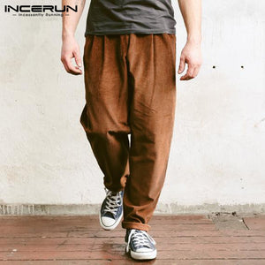 2019 Men Corduroy Pants Solid Baggy Joggers Button Fashion Casual Business Pants Hiphop Trousers Men Pantalon Streetwear INCERUN