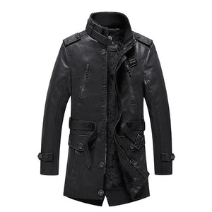 Fashion Men's Trench Casual Men Long Jackets PU Leather Winter Autumn Mens Wind Coat Warm Fleece Jacket Male Windbreakers New