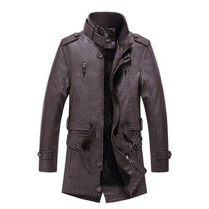 Fashion Men's Trench Casual Men Long Jackets PU Leather Winter Autumn Mens Wind Coat Warm Fleece Jacket Male Windbreakers New