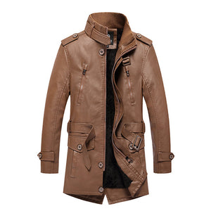 Fashion Men's Trench Casual Men Long Jackets PU Leather Winter Autumn Mens Wind Coat Warm Fleece Jacket Male Windbreakers New