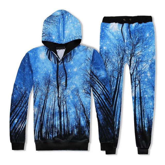 Aismz Brand New Winter Mens Sets Fashion Hoodies+Pants 3D Print Tree Forest Space Tracksuit Two Piece Set Ensemble Homme